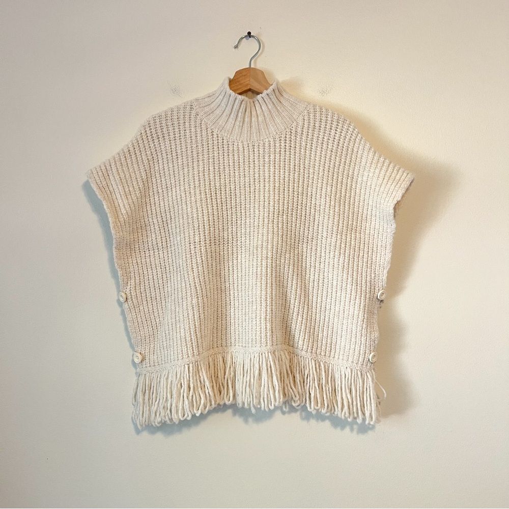 Anthropologie Fringed Mock Neck Ivory Sleeveless Sweater Vest Size Large - Picture 3 of 10